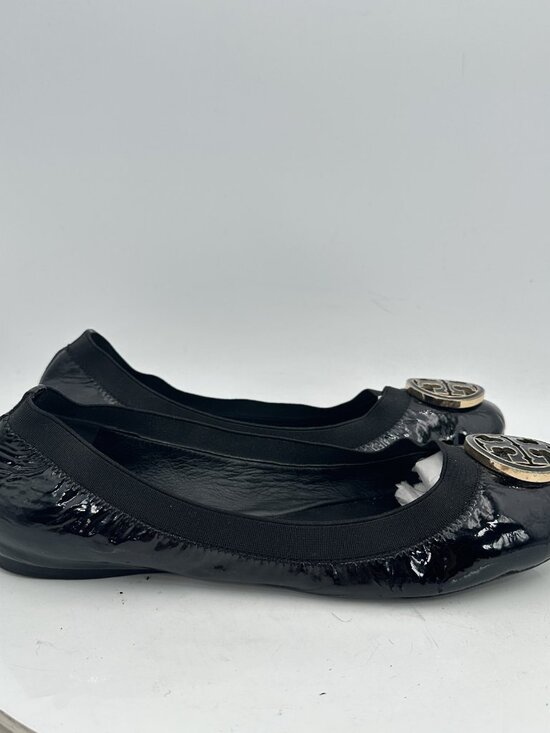 Tory Burch Reva Women Size 10.5M Black Patent Leather Gold Logo Ballet Flat Shoe - Picture 7 of 11